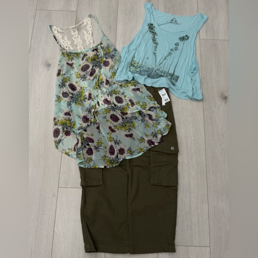 3 Bundle - NWT Tilly’s Mid Rise Skirt, Bear Dance Muscle Tee, Lily White Tank